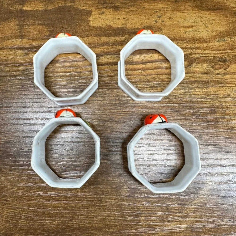 Vintage Ladybug Ceramic Napkin Rings Set of 4 White Octagon Cottagecore Spring
